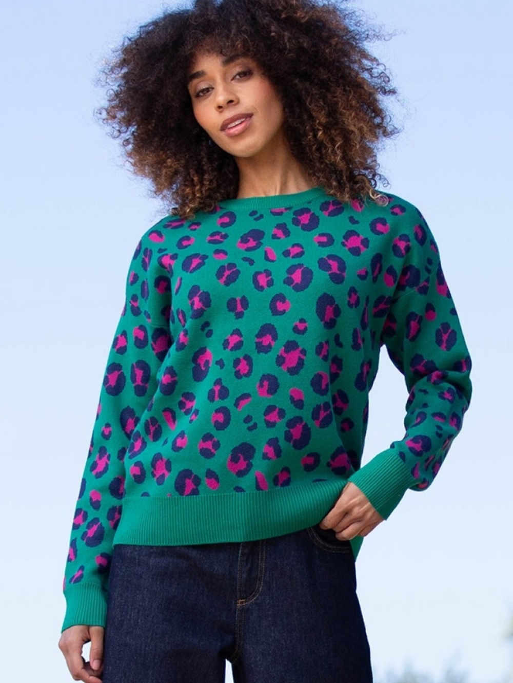 Women's Green Leopard Print Crewneck Organic Cotton Sweater